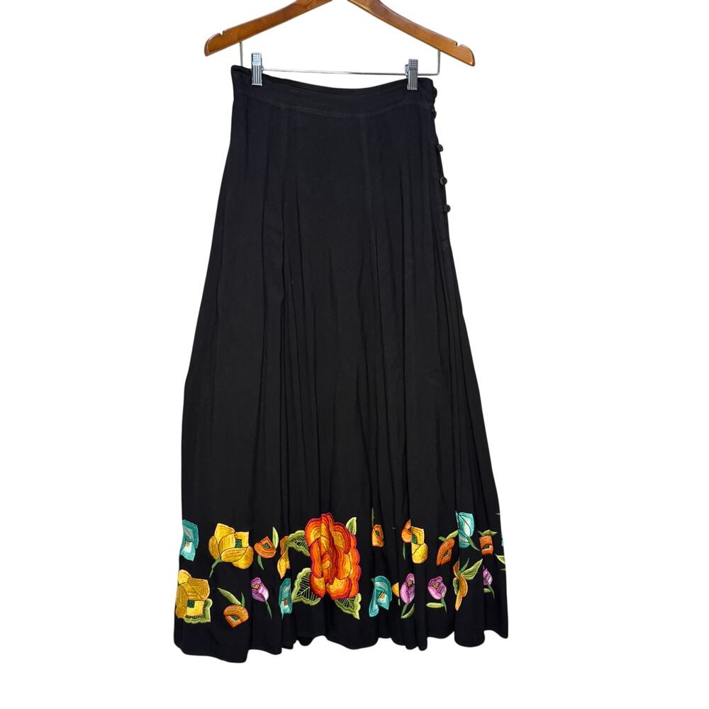 Soft Surroundings Black Rayon Embroidered Maxi Skirt Small
